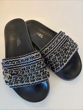 CHANEL Black Chain-Tweed Slide Sandals 37 (size 7)